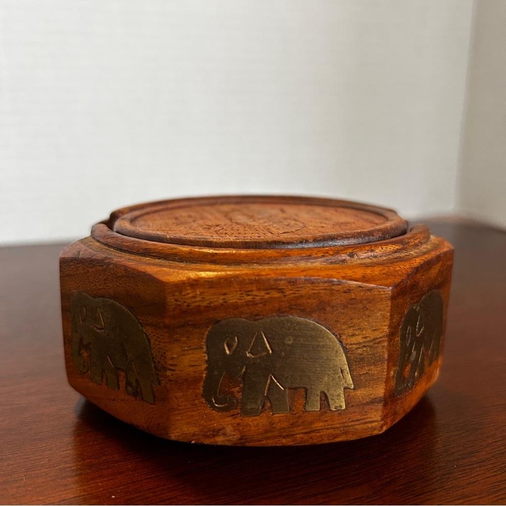 Brass Inlay Elephant Drink Coasters Floral Carved Wood Set of 6